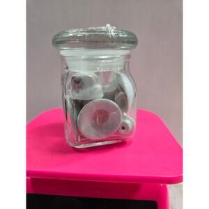 Small Clear Glass Jar with Miniature Ceramic Tea Set Home Decor Junk Jar